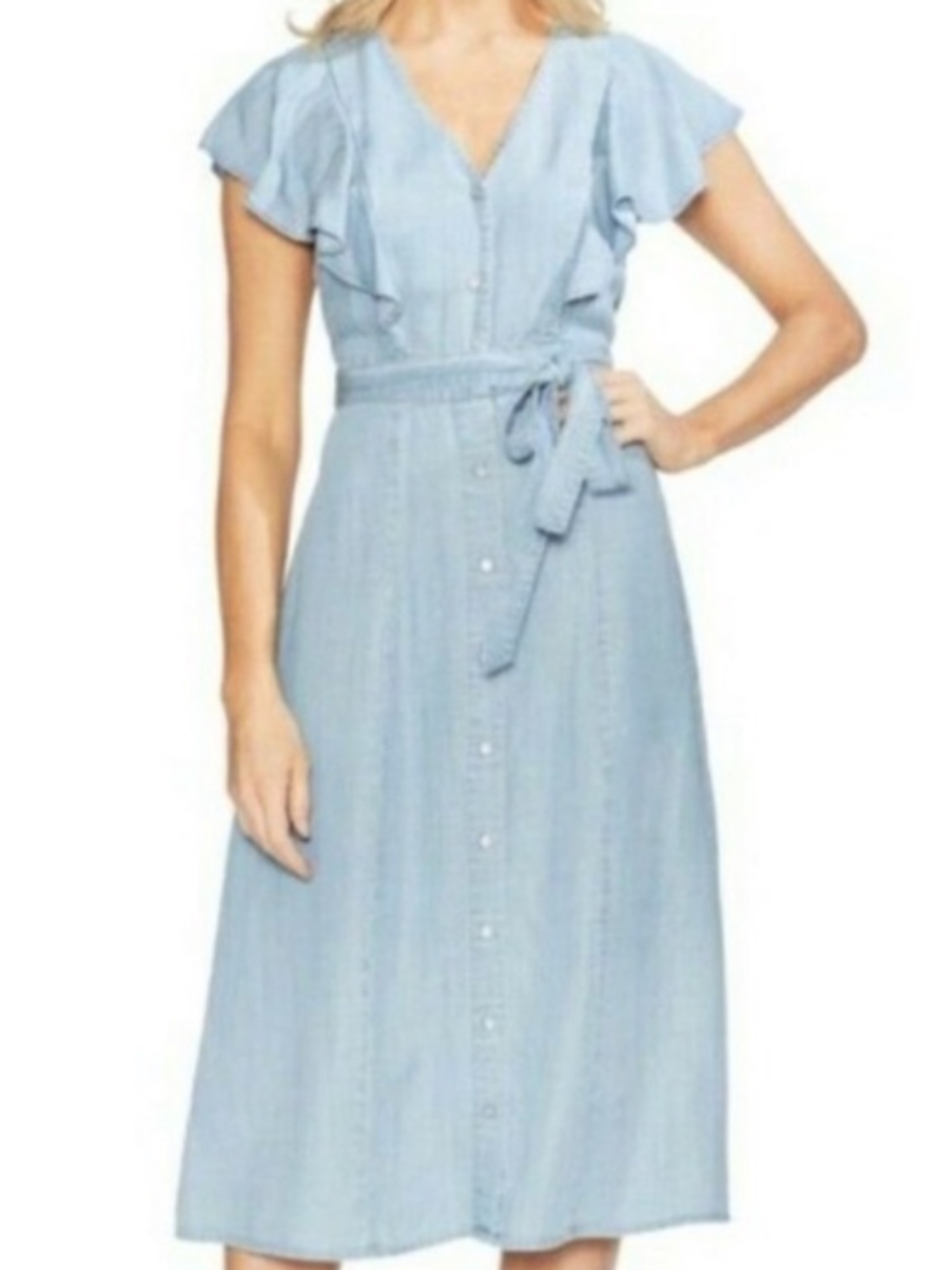 Vince Camuto Chambray Button Ruffle Midi Dress Size M